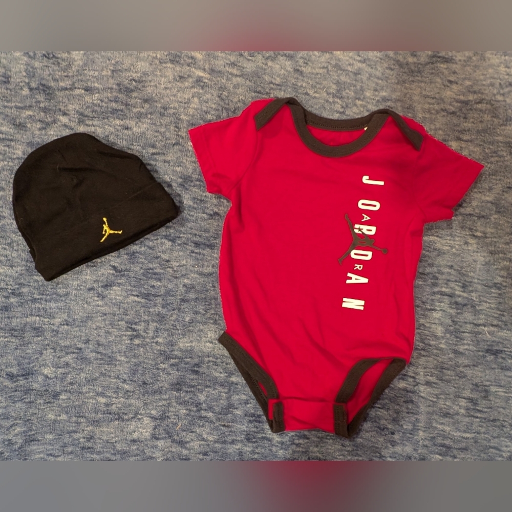 Jordan 3-6M Red & Black Baby One-Piece Bodysuit And Hat